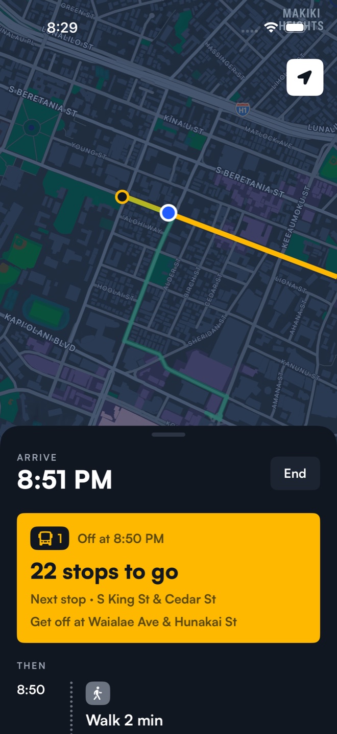 GO mode on Bus 1: 22 stops to go, next stop S King St and Cedar St