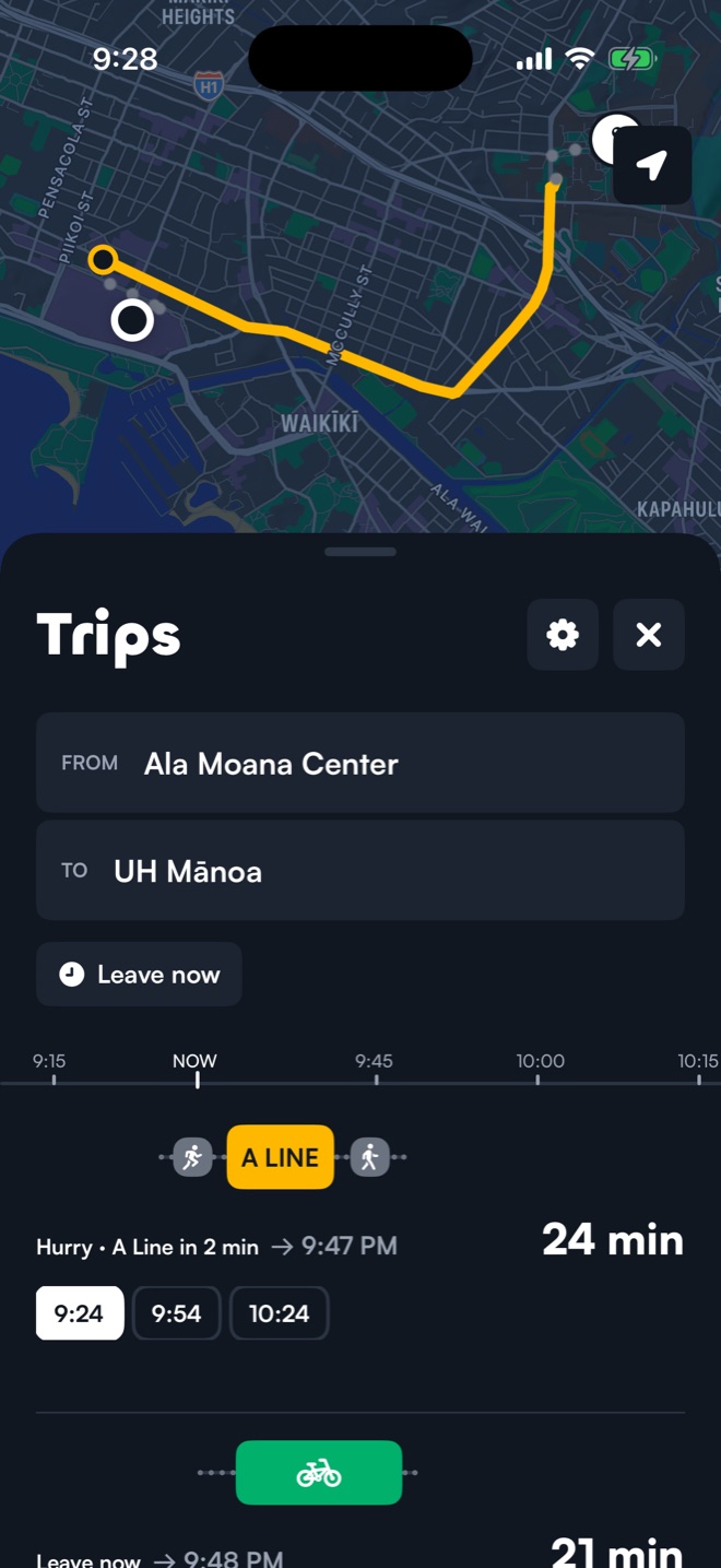 The Trips screen: Ala Moana Center to UH Mānoa, with a bus and a Biki option on one timeline